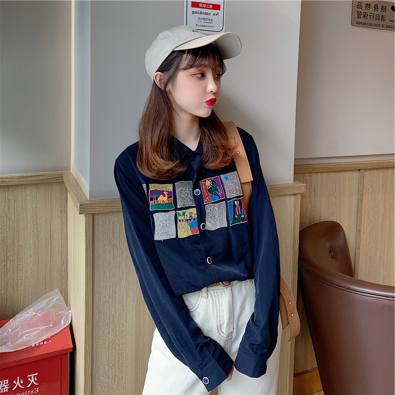 Lazy style printed shirt women's design sense niche light familiar 2019 early autumn new retro Hong Kong style Hong Kong style top