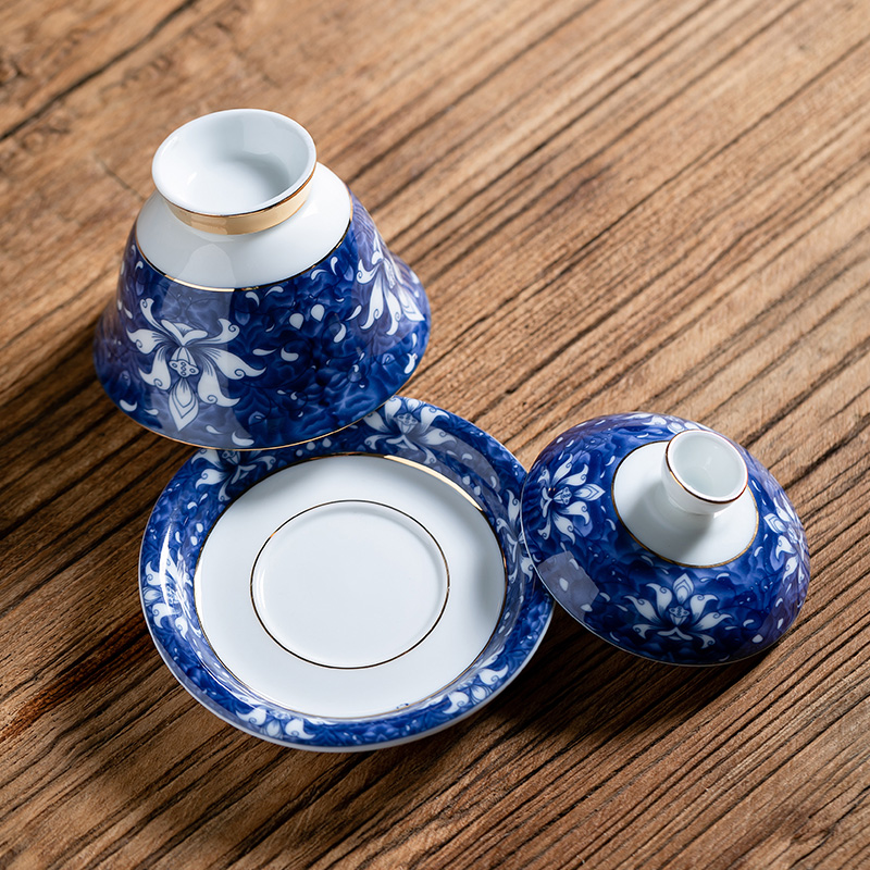 Fujian gen tureen of blue and white porcelain ceramic checking large single three bowl of household white porcelain kung fu tea tea set