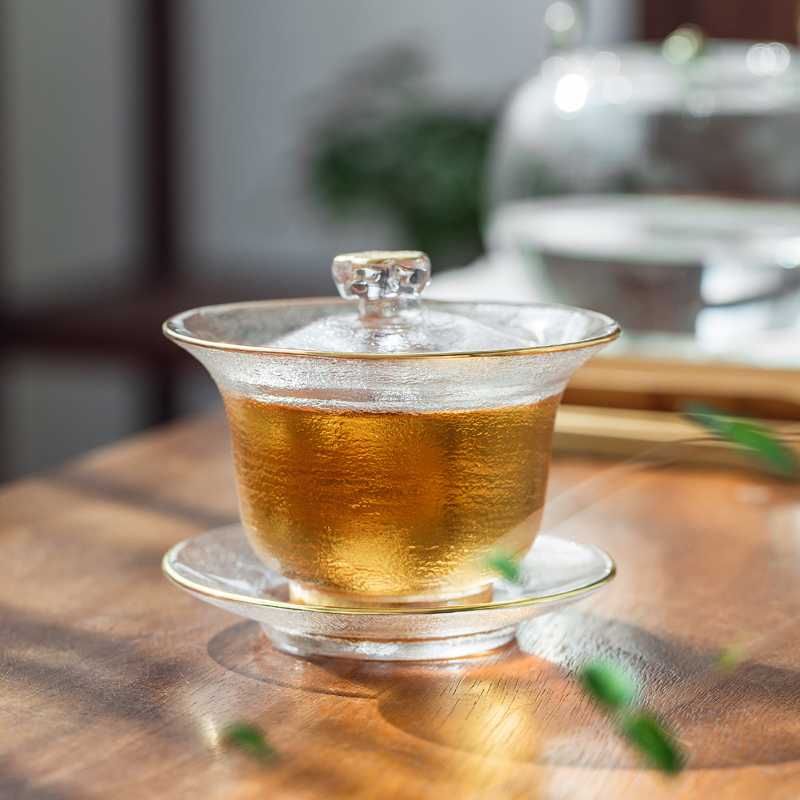 Heat-resistant glass cover bowl tea cup transparent tea cup anti-scalding large hand-holding pot is not hot three-cup kung fu tea set