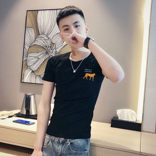 社会精神小伙短袖韩版潮流T恤男网红同款小熊加大码修身半袖潮牌