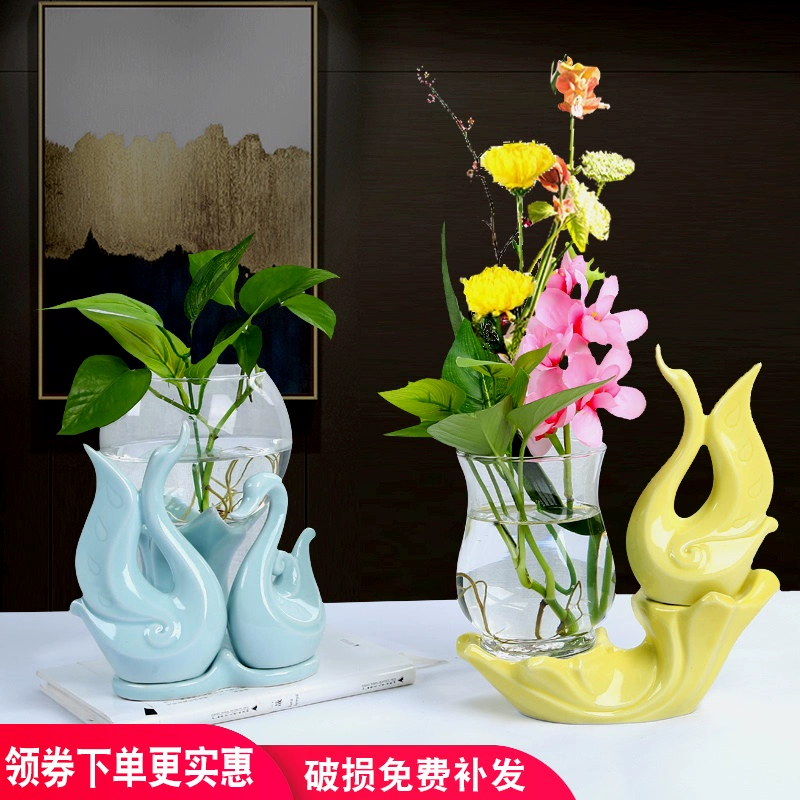 Củ cải xanh sáng tạo bình thủy canh cắm hoa gốm thủy tinh kết hợp chậu hoa bể cá trang trí máy tính để bàn hình thiên nga - Vase / Bồn hoa & Kệ