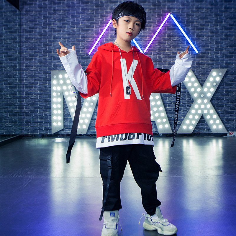 Boys hip-hop suit Korean version of the fake two-piece red sweater performance clothing children's hip-hop performance clothing overalls tide clothing