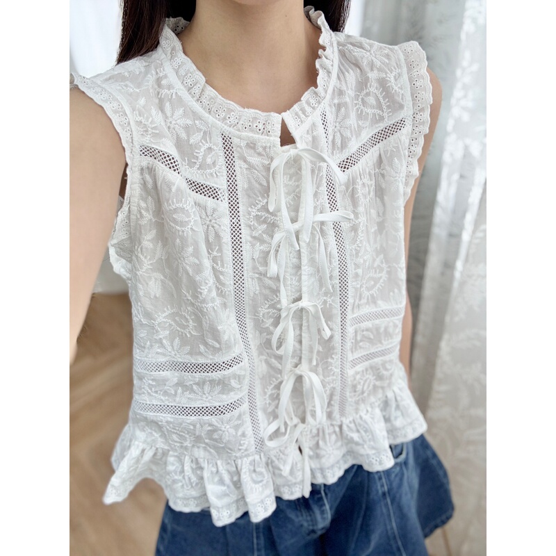 Niche Private Label~ White Lace Hollow-Out Sleeveless Shirt for Women, Cotton Versatile Summer Tie-Up Elegant Top