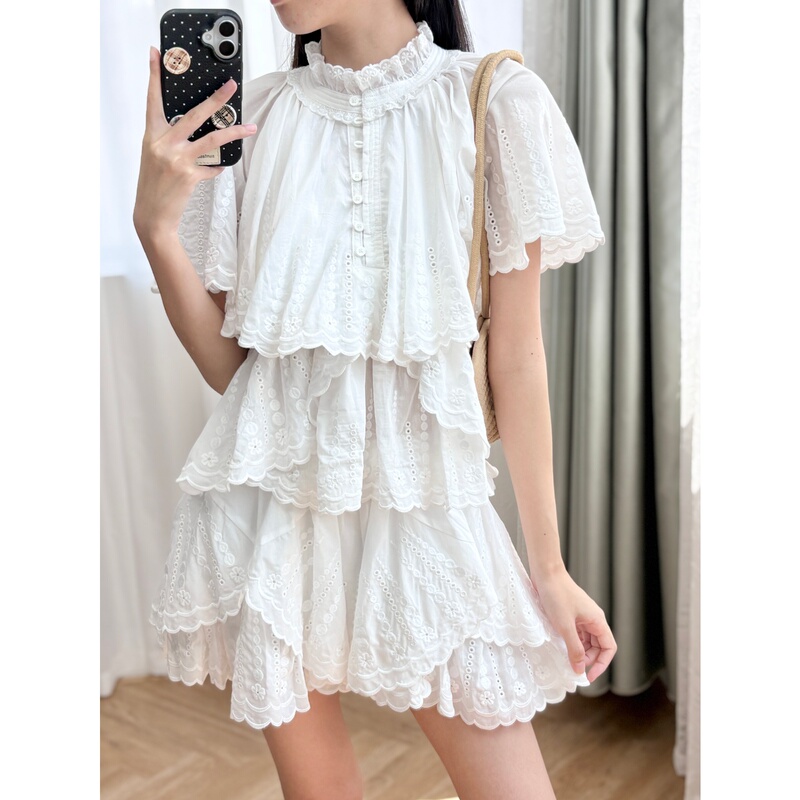 French Sweet Style~ White Lace Embroidered V-Neck Cape-Style Babydoll Top + Short Culottes Set