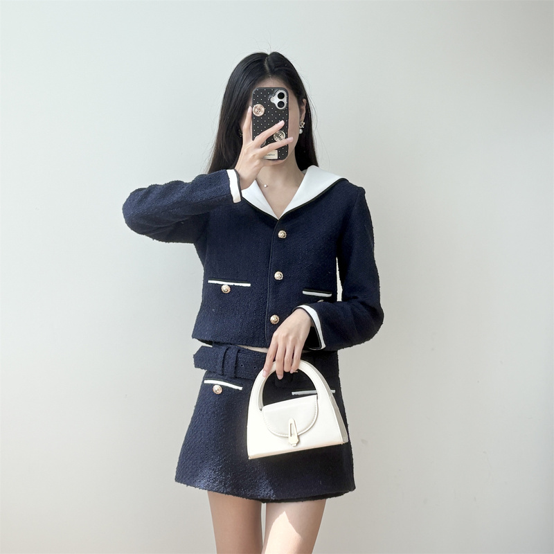 Exquisite and Elegant | Navy Blue Tweed Elegant Jacket + Short A-Line Culottes Chanel-Style Suit for Women