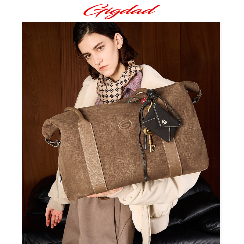 Gigdad* Gym Bag First Layer Cowhide Suede Lychee Pattern Barn Style Simple Shoulder Tote Large Bag