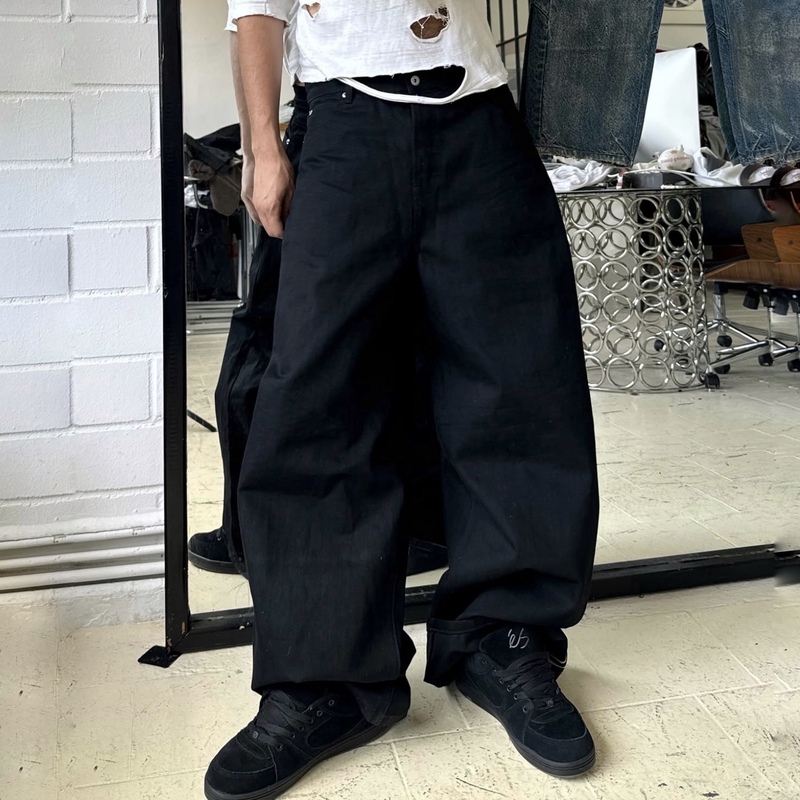 Exclusive American Retro Style Nofaith Japanese-Made Red-Edged Pure Black Raw Denim Jeans, Loose Scimitar Pants