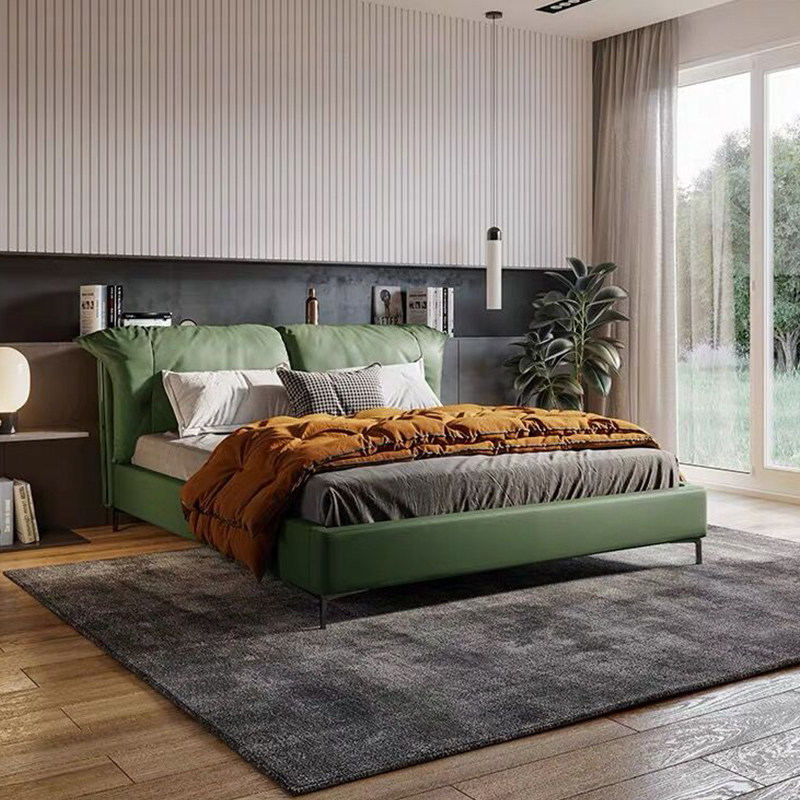 Bed modern minimalist genuine leather bed Nordic double bed Italian style extremely simple leather bed master bedroom 1 8 m large bed wedding bed