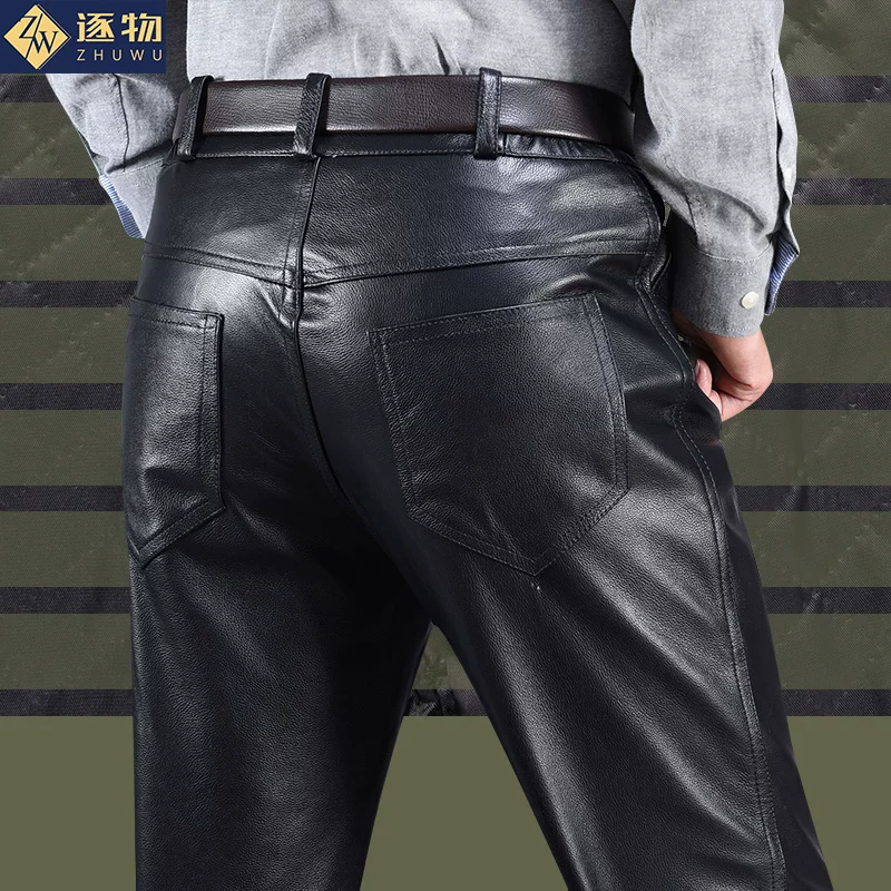 Trousers, leather warm windproof warm jeans, genuine leather, cowhide, for middle age