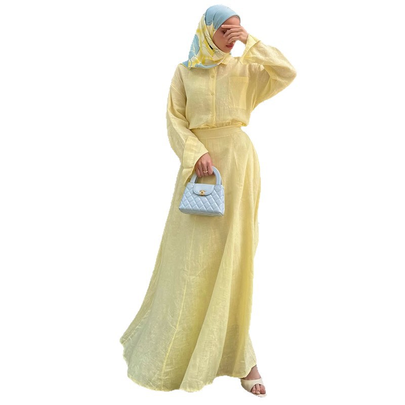 European and American Amazon Cross-Border Foreign Trade Women's Clothing New Solid Color Long-Sleeved Button-Up Top and Hip-Hugging Long Skirt Casual Suit