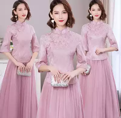 Two-piece New Chinese bridesmaid dress long version female elegant retro sister Group dress Chinese cheongsam evening ceremony