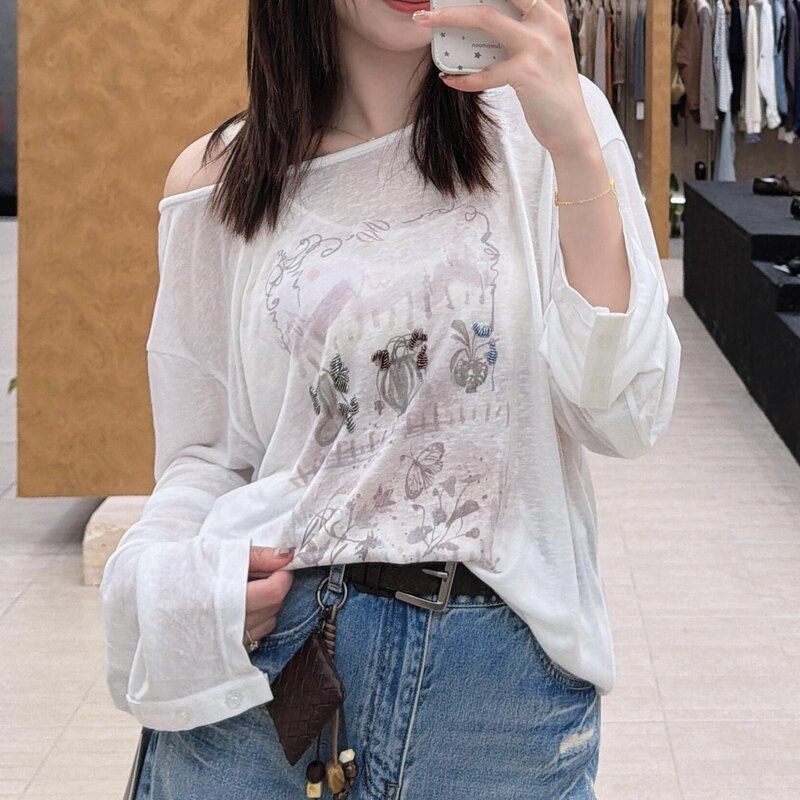 Avvennjq Designer Style 2026 Spring and Summer New Beaded Loose Versatile Cover-Up Long-Sleeve T-Shirt Sun Protection Clothing