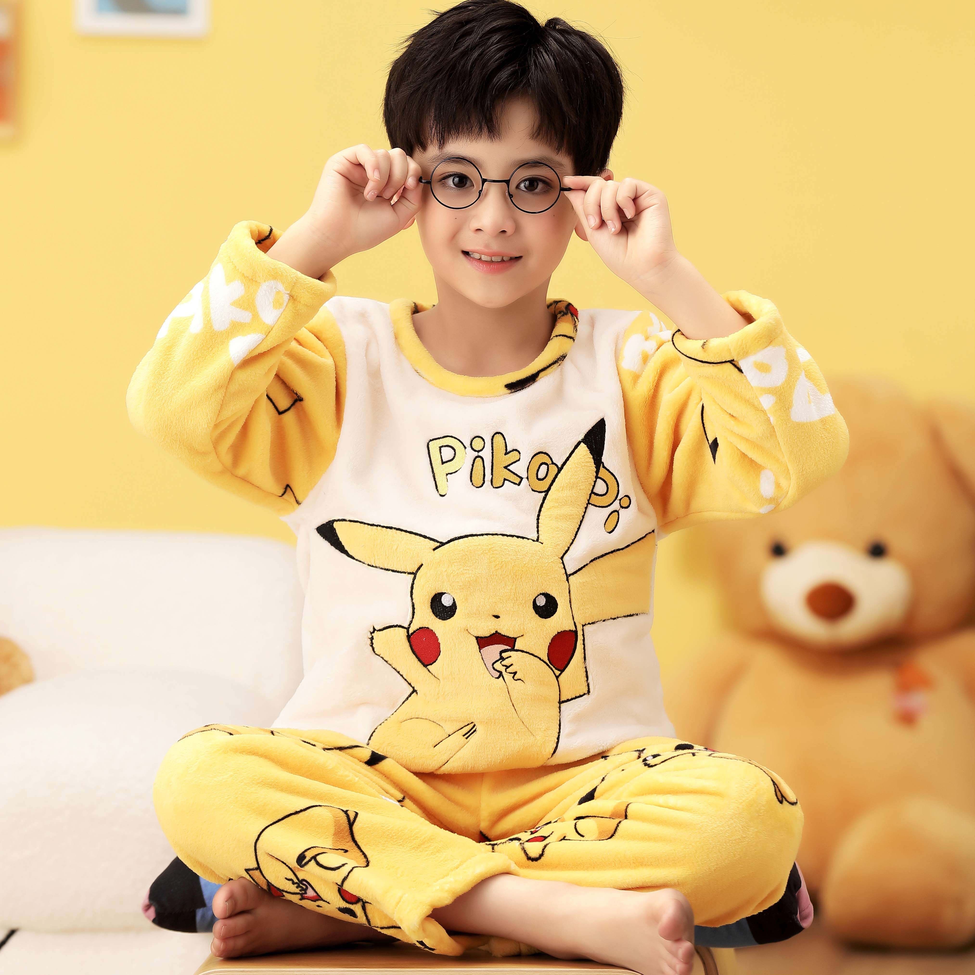 Children's pajamas boys flannel autumn and winter thickening plus velvet coral velvet boys and large children's home clothes suits