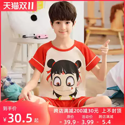 Children's pajamas boys summer thin short-sleeved cotton boys 12-15 years old middle and big children's home clothes set