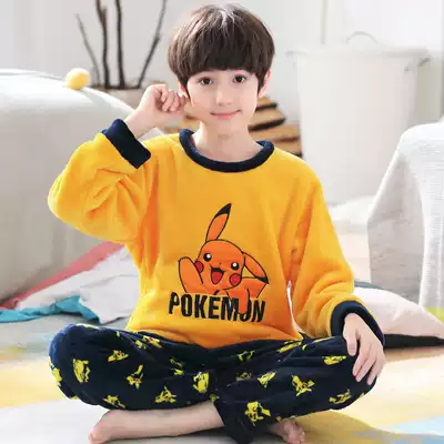 Children's pajamas Boys flannel autumn and winter thickened coral velvet boys middle and large children baby home clothes set