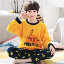  Childrens pajamas Boys flannel autumn and winter thickened coral velvet boys middle and large children baby home clothes set