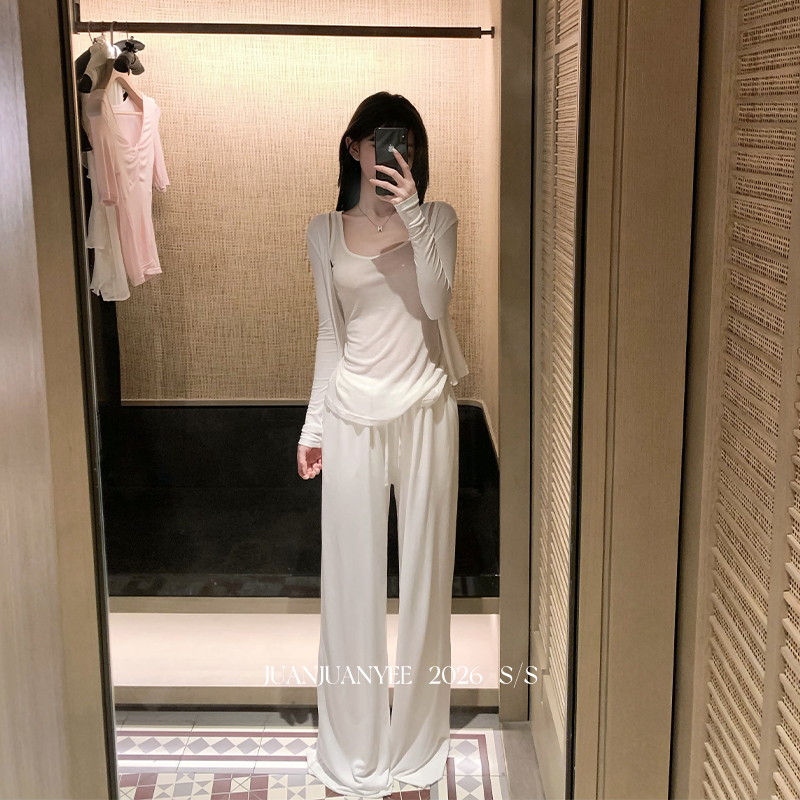 Juanjuanyee【Ultimate Experience】Tencel Knit Cardigan + Camisole + Tencel Pants Three-Piece Set