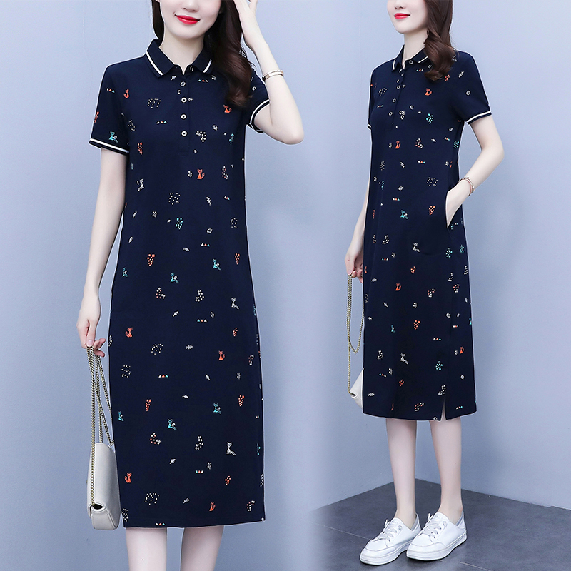 Plus Size Over-The-Knee Pure Cotton Polo Dress for Women, Navy Blue Age-Reducing T-Shirt Dress, Mid-Length Work Clothing Loose Casual Dress