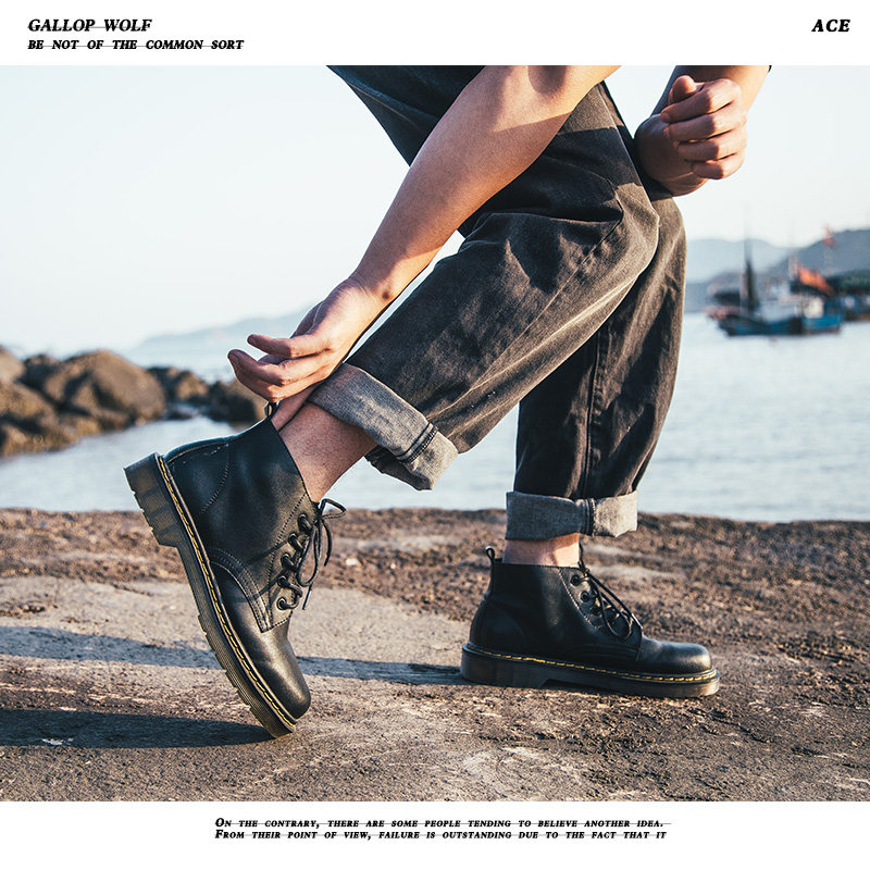 Martin boots men's British style leather high-top tide ins all-match mid-top summer breathable tooling boots black men's boots