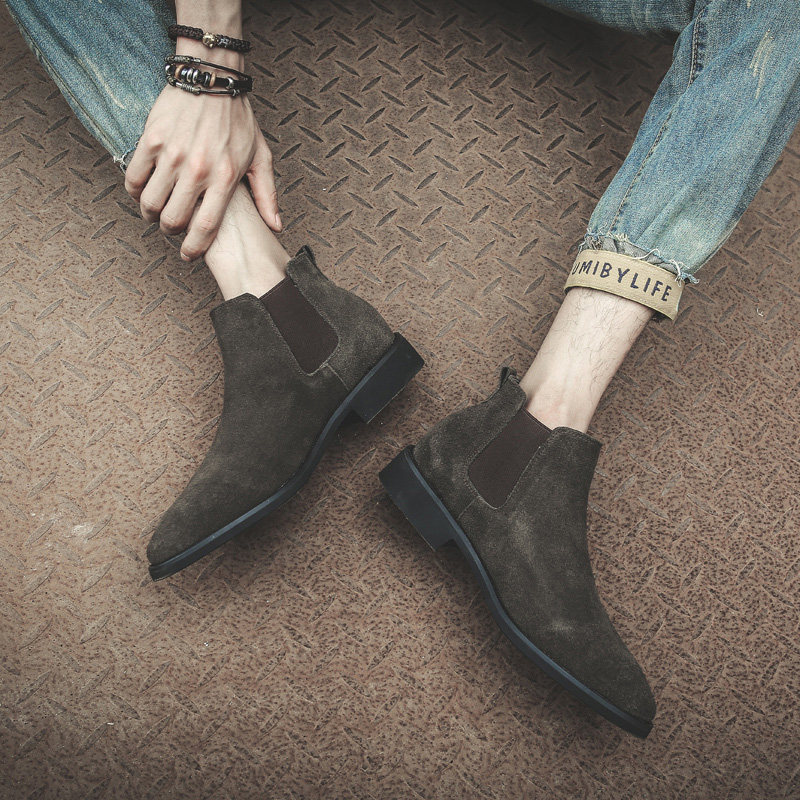 Chelsea boots men's suede winter high-top suede shoes British leather mid-tube Martin boots pointed toe short boots