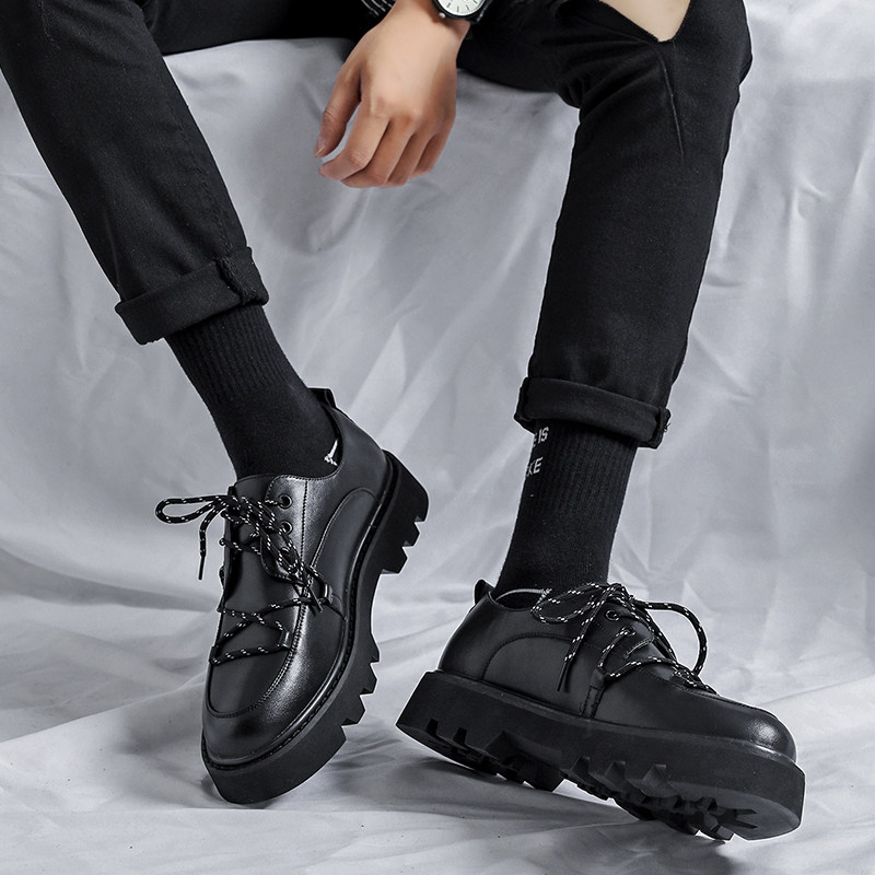 Casual leather shoes men's spring and autumn styles trendy thick-soled students soft-soled Japanese suits with heightened round toe teenager men's shoes