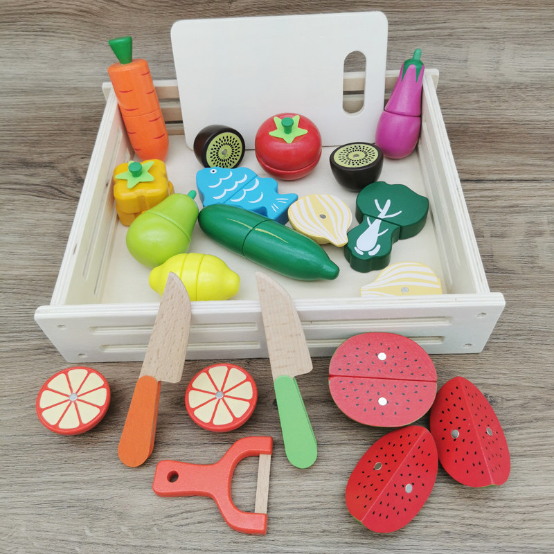 Wooden magnetic fruits and vegetables, Chichele, children, look at the kitchen simulation, play a family wine set, early education toys
