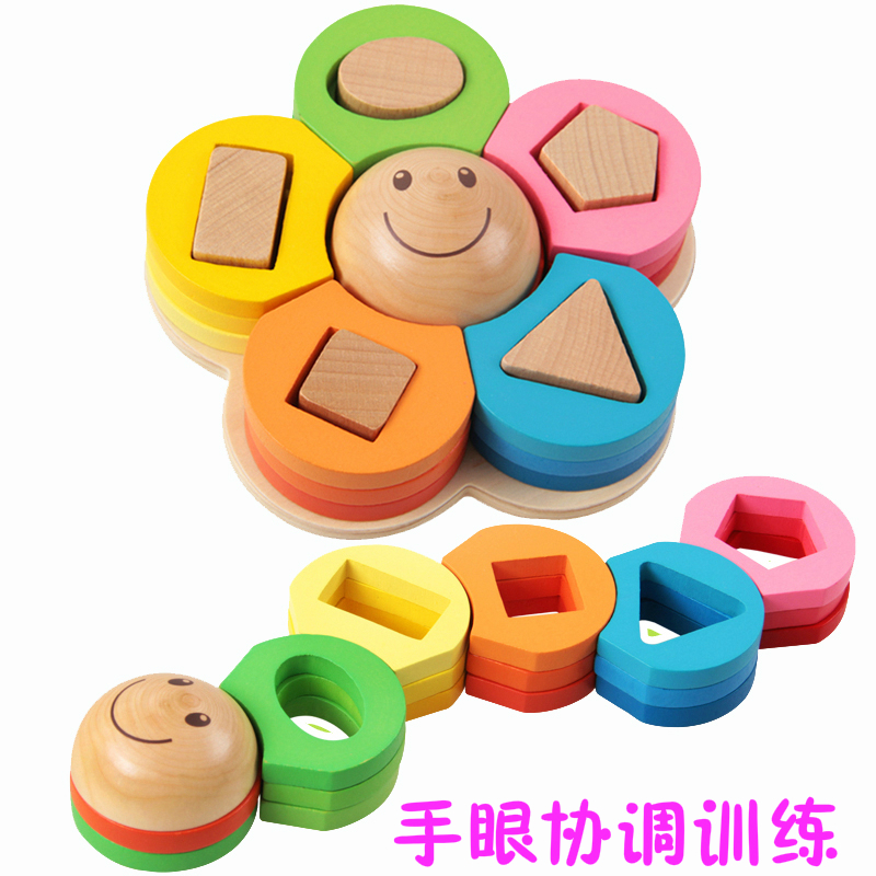 Montessori early education teaching aids 1-2-3 years old children's geometric shape matching set of columns Wooden five-column puzzle power toys