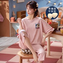  Pajamas with chest pads Womens summer cotton short-sleeved Korean version plus size fat mm200 kg can be worn outside home clothes suit
