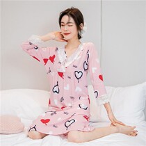  Spring and summer night dress female cotton silk long-sleeved student cute cotton poplin lengthened dress fresh love home clothes thin