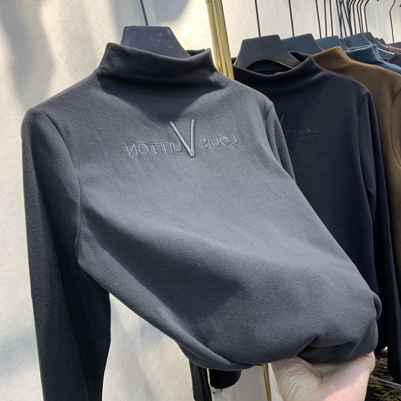 Double-sided German velvet semi-turtleneck plus velvet thickened base shirt Women's 2020 Autumn and Winter European goods and Foreign style brushed T-shirt tide