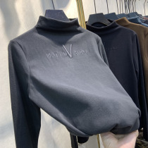 Double-sided German velvet semi-turtleneck plus velvet thickened base shirt Womens 2020 Autumn and Winter European goods Western style brushed t-shirt tide