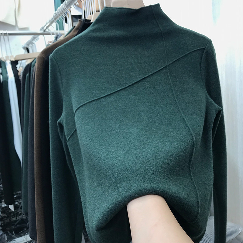 Double-sided De Velvet Western style semi-turtleneck base shirt women's autumn and winter with velvet thickened long-sleeved T-shirt brushed top tide