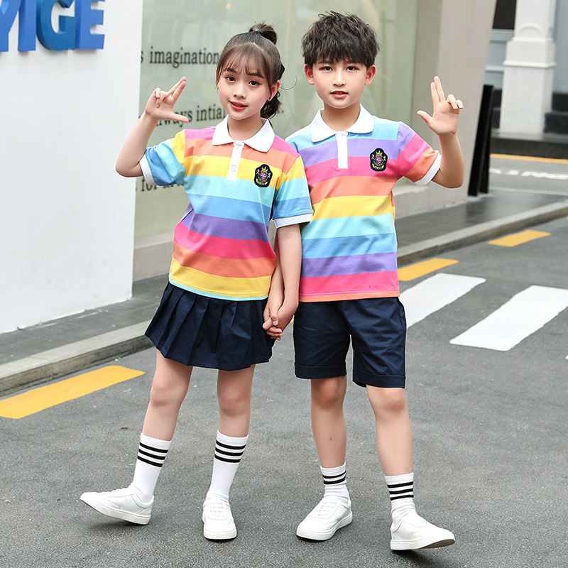 Kindergarten uniform summer children's sports meeting opening ceremony school uniform suit primary school students summer rainbow strip two-piece set