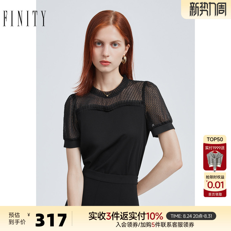 Finity Black See-Through T-Shirt for Women Summer New Style Lotus Leaf Lace Short-Sleeved Top Finity Black See-Through T-Shirt for Women Summer New Style Lotus Leaf Lace Short-Sleeved Top
