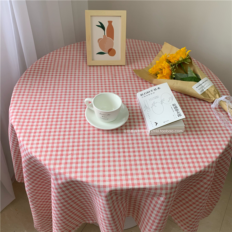 Pink Plaid Tablecloaf Cotton Linen Material Teen Hearts Ins Wind Cute Bedroom Desk Round Table Cloth Picnic Spread