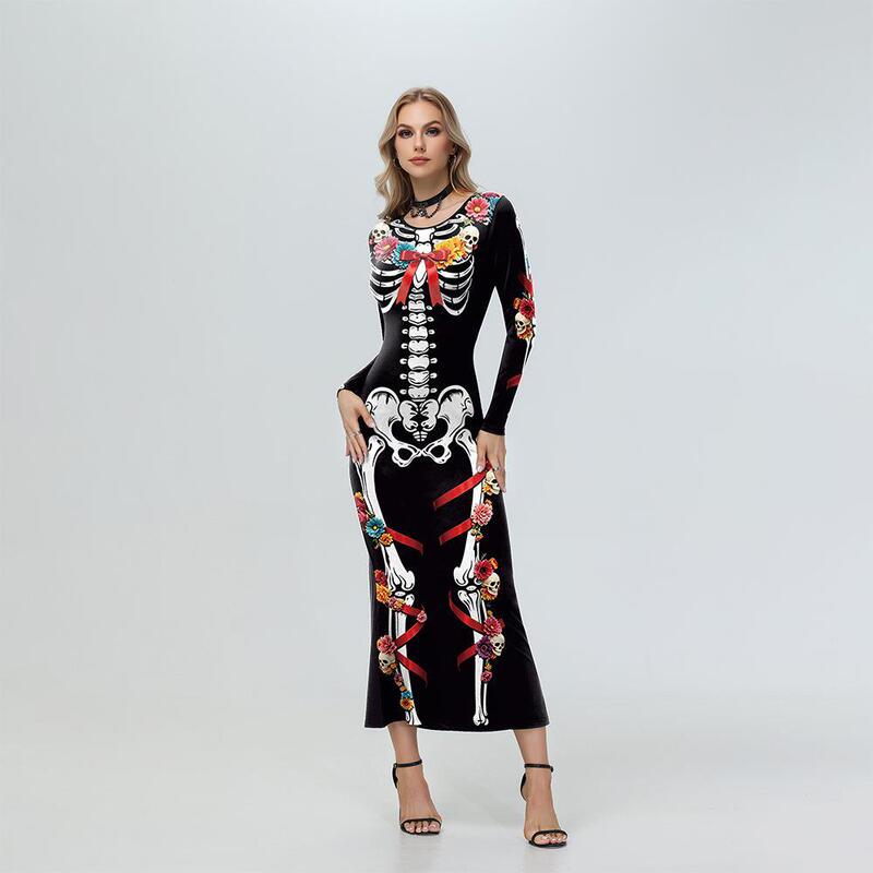 Mexican Day of the Dead Skeleton Flower Bow Print Long-Sleeved Fishtail Dress Mexican Day of the Dead Skeleton Flower Bow Print Long-Sleeved Fishtail Dress