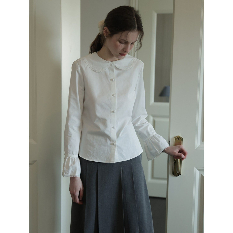 Baby Doll Collar Elegant French-Style White Long-Sleeved Shirt for Women 2026 Spring New Bell-Sleeve Layered Top