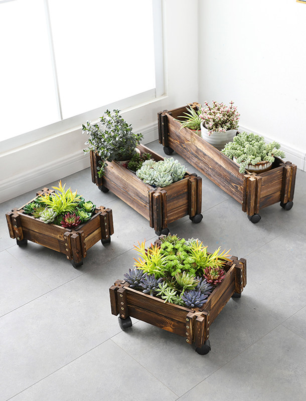 Anti-corrosion wood mosaic flower pot rectangular solid wood flower box Indoor balcony succulents flower tank Wooden seed vegetable basin pool