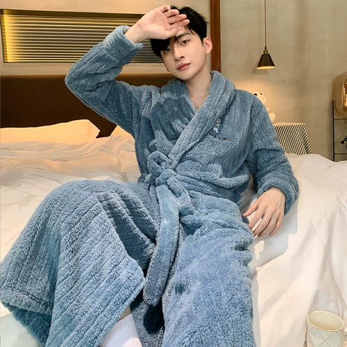 Демисезонная пижама, коралловый бархатный флисовый мужской фланелевый демисезонный банный халат, увеличенная толщина, большой размер
