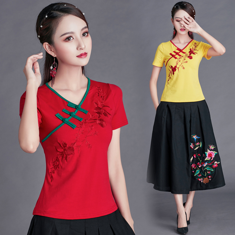 Summer Embroidered Ethnic Style Women's Top Chinese Style Embroidered Vintage T-Shirt Women's Pure Cotton V-Neck Large Size Base Shirt Trendy