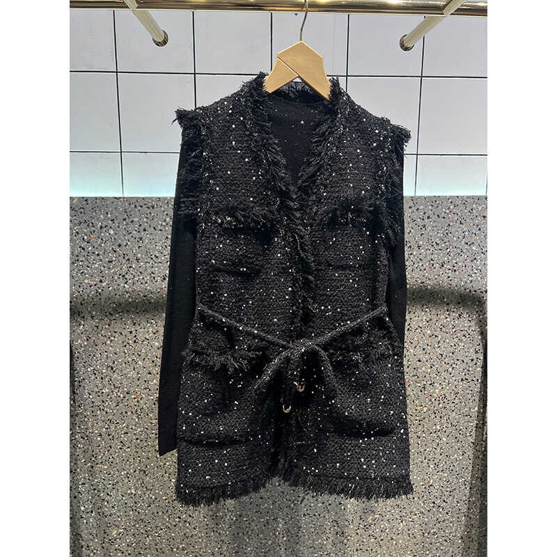 Sequined Sleeveless Tweed-Style Vest for Women, Autumn/Winter 2025, Korean Style, Versatile, Plus Size, Slimming, Black Top