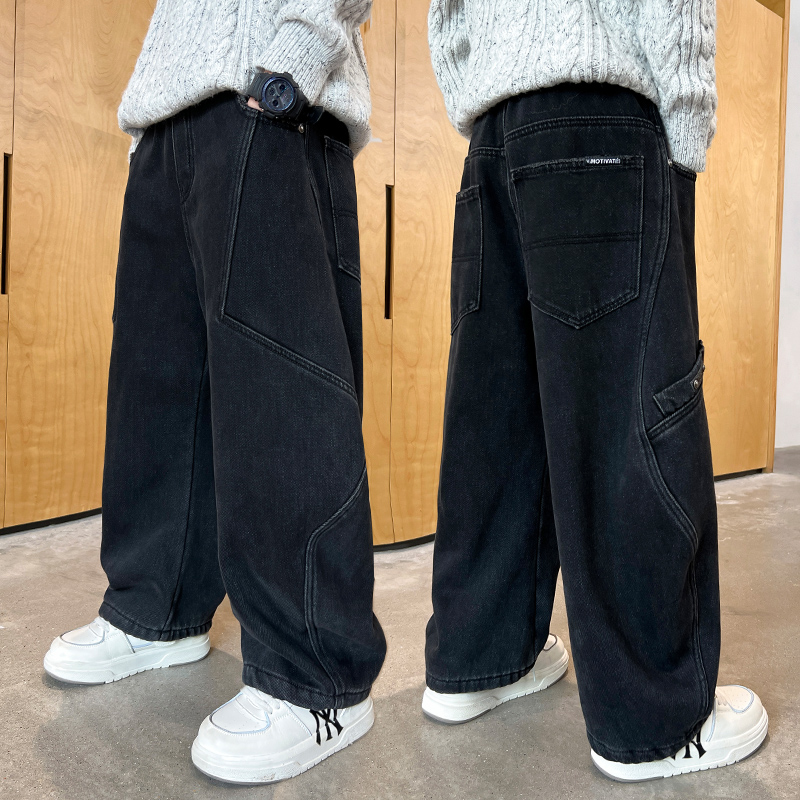 男の子のストレートジーンズ春と秋スタイル黒トレンディハンサムでファッショナブルなストリートボーイスプリングパンツ子供用カジュアルパンツ