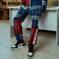  Hu Xianxu same paragraph RESPECT MY WAY tide brand casual plaid pants contrast stitching loose wei pants men