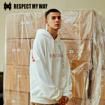  RESPECT MY WAY tide BRAND sweater mens WHITE WEBBING decoration hooded jacket loose hip-hop national tide hoodie