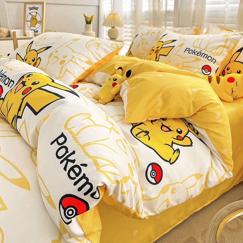 Pokémon Pikachu Washed Cotton Bed Sheet Three-Piece Set for Student Dormitory, Suitable for Bunk Beds, Spring and Autumn Simple Four-Piece Bedding Set