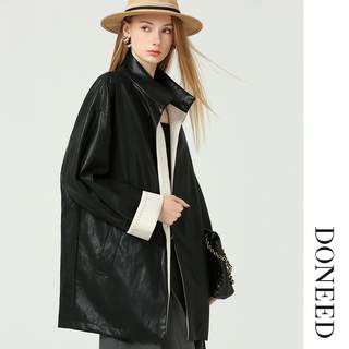 DONEED2025初秋款时尚翻领纯色设计感极简pu皮中长款外套女