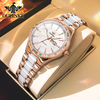 New Year's Gift Swiss Oupinke Brand Genuine Watch Women's Mechanical Watch Fashionable Light Luxury Niche Ceramic Women's Model