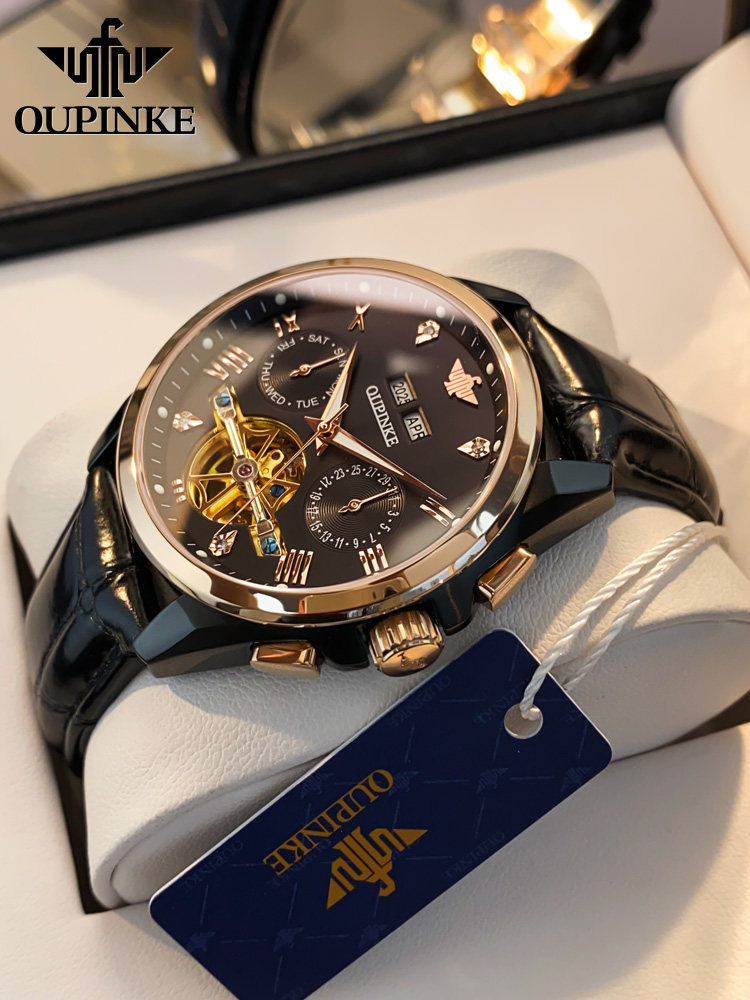 2026 New Swiss Oupinke Brand Men's Watch Genuine Mechanical Watch Fully Automatic Leather Strap Men's Model