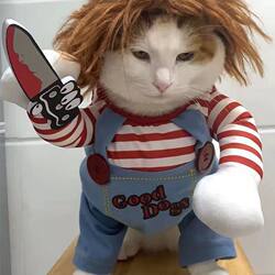 Pet Funny Transformation Costume Deadly Doll Prank Dog with Knife Outfit Cat Dog Quirky Creative Transformation Costume
