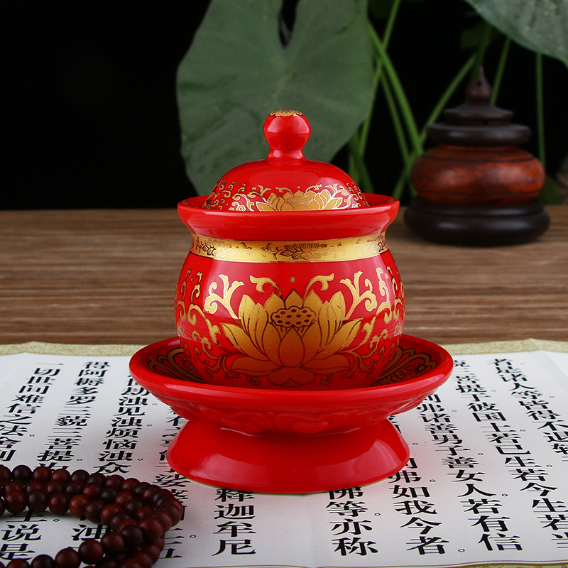 Red lotus water supply cup Size Buddha statue in front of the cup Ceramic holy water cup Buddhist supplies Water purification cup for the cup